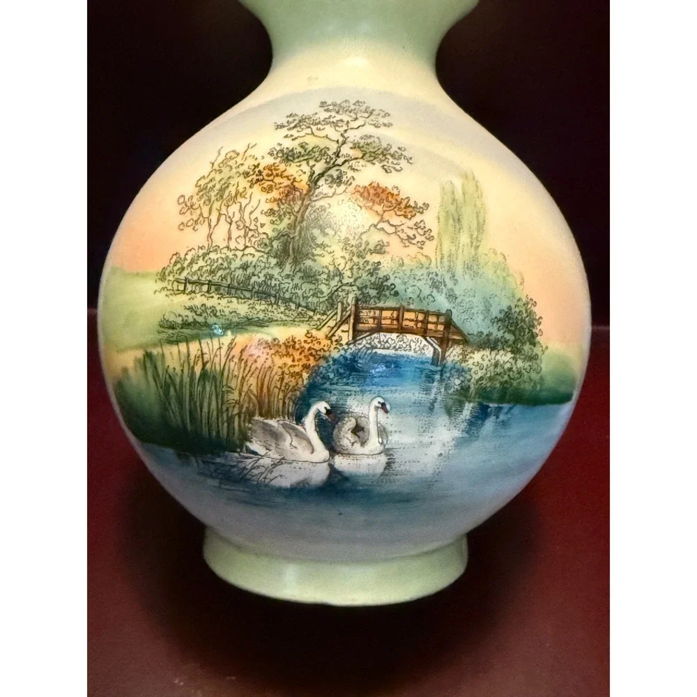 Vintage Hand Painted‎ Porcelain Swan Vase Landscape Scene Cottage Decor